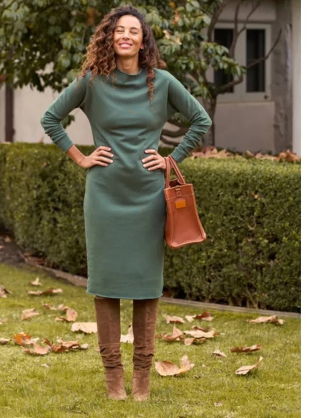NWOT FRANK & EILEEN Isabelle Green Funnel Neck Triple Fleece Midi Dress Size L
